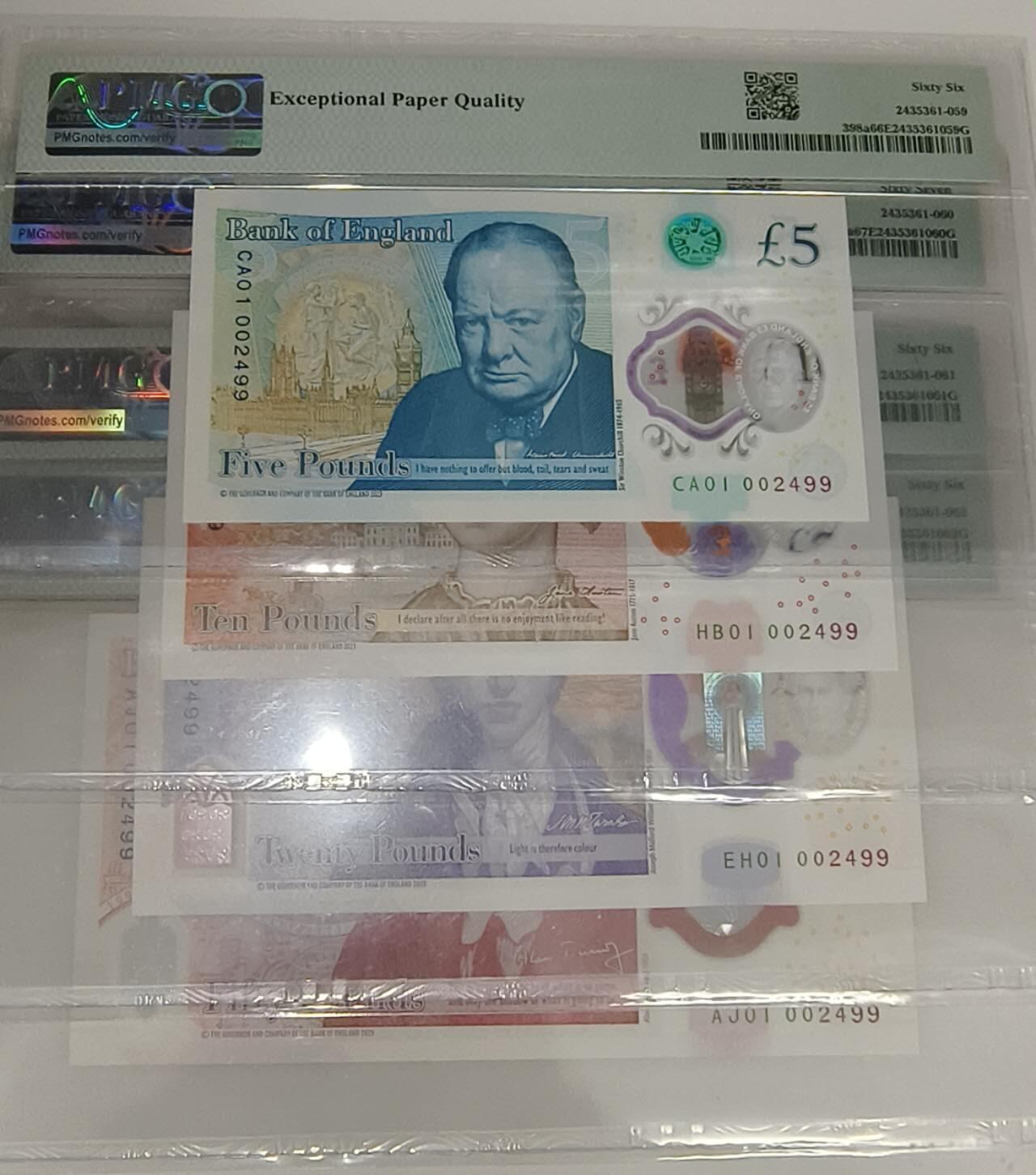 《艾美收藏》第225期-12.15周日外币精选场 (首发冠全同4张)英国2024年查尔斯版首发01冠5-50镑全同千位小号 PMG评级认证