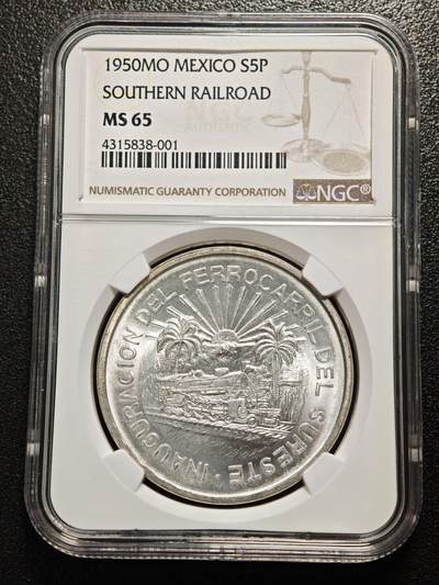 【德藏】世界币章拍卖第158期（拍品征集中~欢迎藏友联系） - 1950年 墨西哥南方铁路开通5比索纪念大银币 俗称墨西哥火车银币 因铸造1968年墨西哥奥运会大量回炉 存世量稀少 原光十足 转光极强 NGC MS65