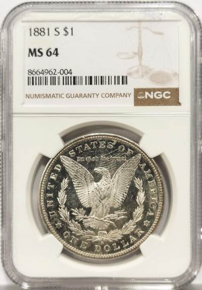 博洋堂世界钱币拍卖第154期（全场包邮） - NGC MS64 美国1881年S版摩根大银币，镜面感十足