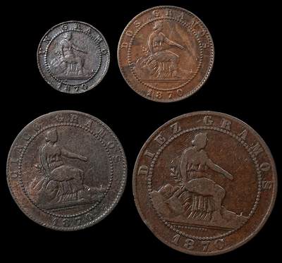 修遠堂世界钱币第九十八期 - 1870年西班牙坐人铜币4枚套