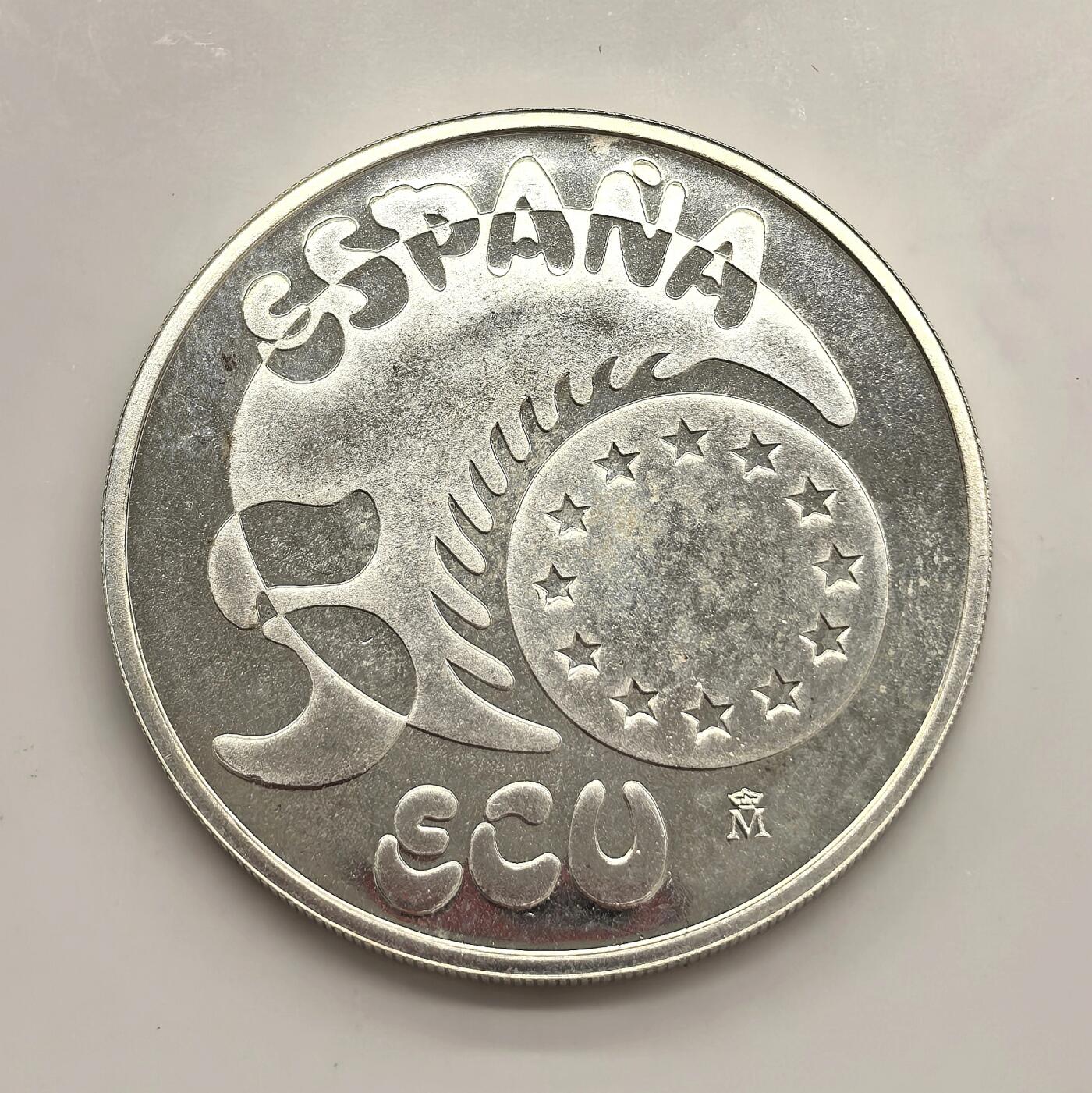 博洋堂世界钱币拍卖第153期（全场包邮） 西班牙1989年5ECU大银币，1盎司925银，带原木盒