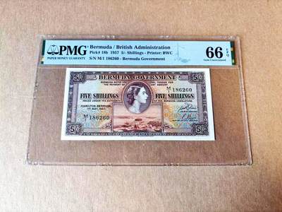 【Blue Auction】世界纸币精拍第765期——18级TOP拍卖/信誉/品质/专业/高效💫 - 【无47】百慕大 1957年5先令 BWC出品  满版水印 年轻女王侧面像 PMG66EPQ 