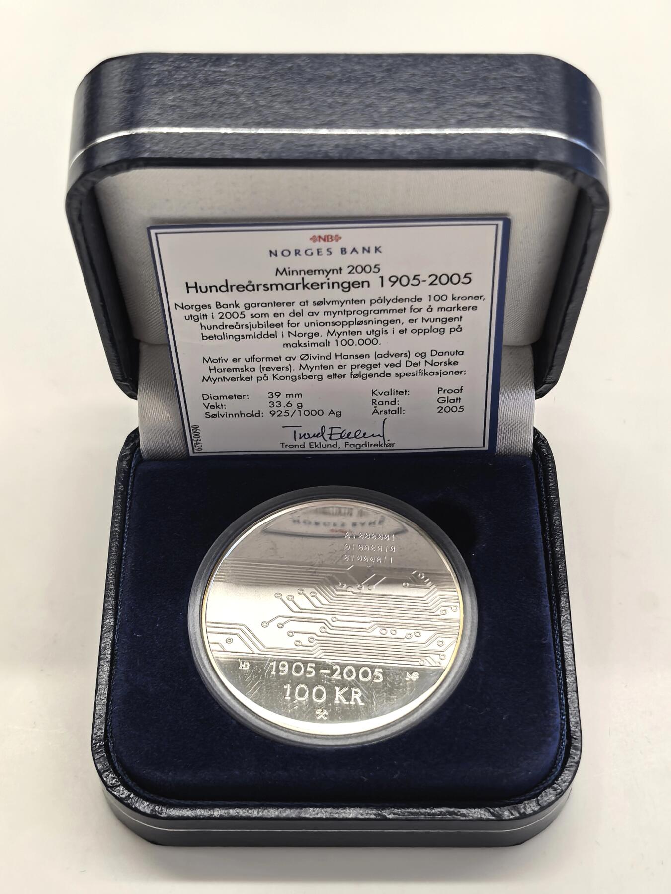 博洋堂世界钱币拍卖第153期（全场包邮） 挪威2005年100克朗精制银币 挪威瑞典联盟的解体-半导体 33.6克925银 发行量：10万 盒证全
