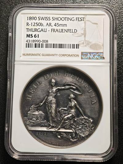 【德藏】世界币章拍卖第158期（拍品征集中~欢迎藏友联系） - 1890年 瑞士劳恩菲尔德射击节高浮雕纪念大银章 NGC MS61 正面是两位女神，一位女神一手持剑一手高举盾牌，另一位女神坐着观看，姿态优雅；背面是射击节盾徽，盾徽中间是美女用绳索勒住狮子的脖子。双面高浮雕工艺，整体雕刻精美，人物动物细节丰富，保存状态很好，黑包浆醇厚，早期NGC低评