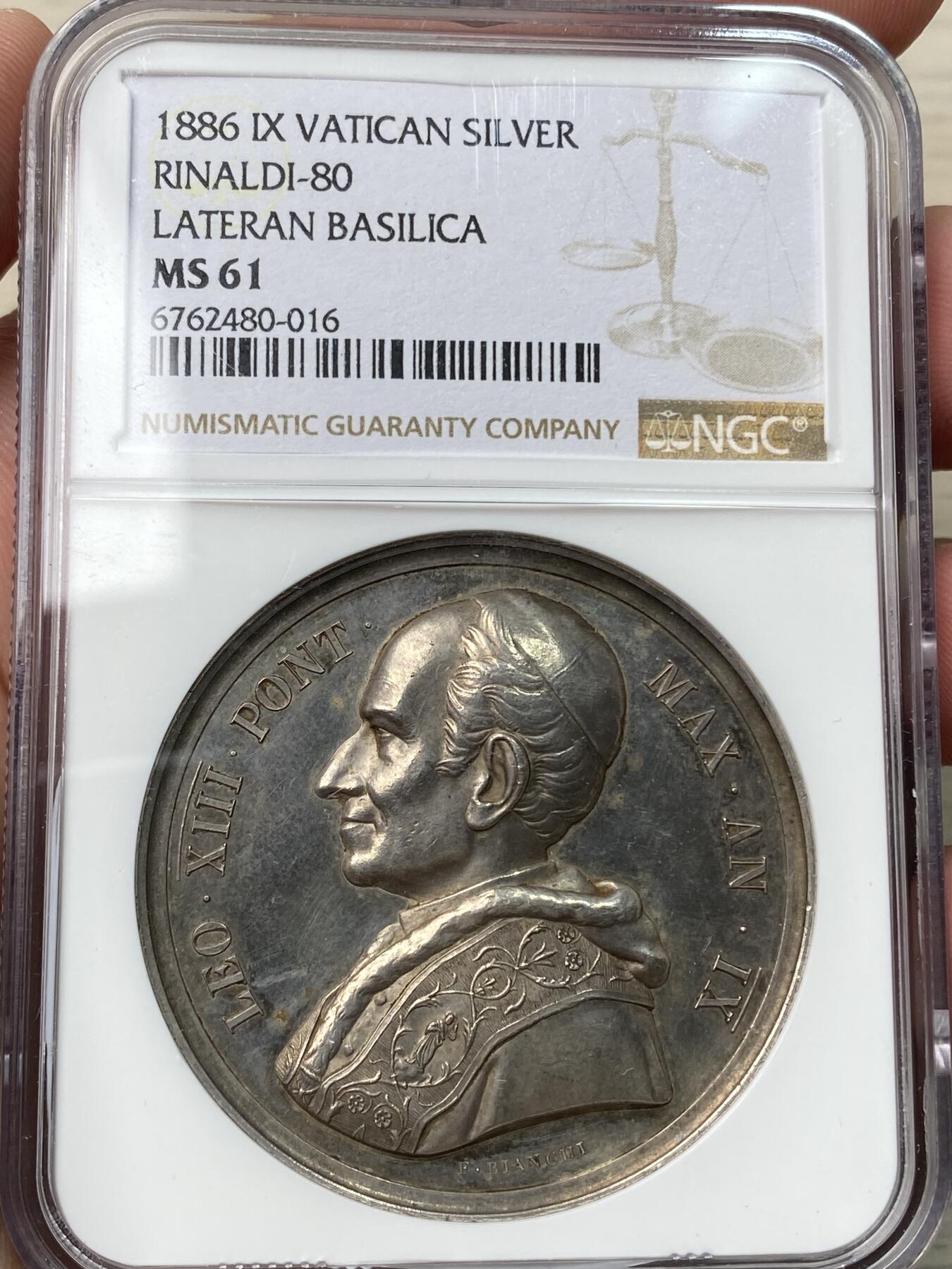 万国钱币拍卖第058期（万国新年大拍） NGC MS61 1886年意大利教皇国利奥十三世拉特兰大教堂扩建纪念大银章 镜面高浮雕精制 43MM 