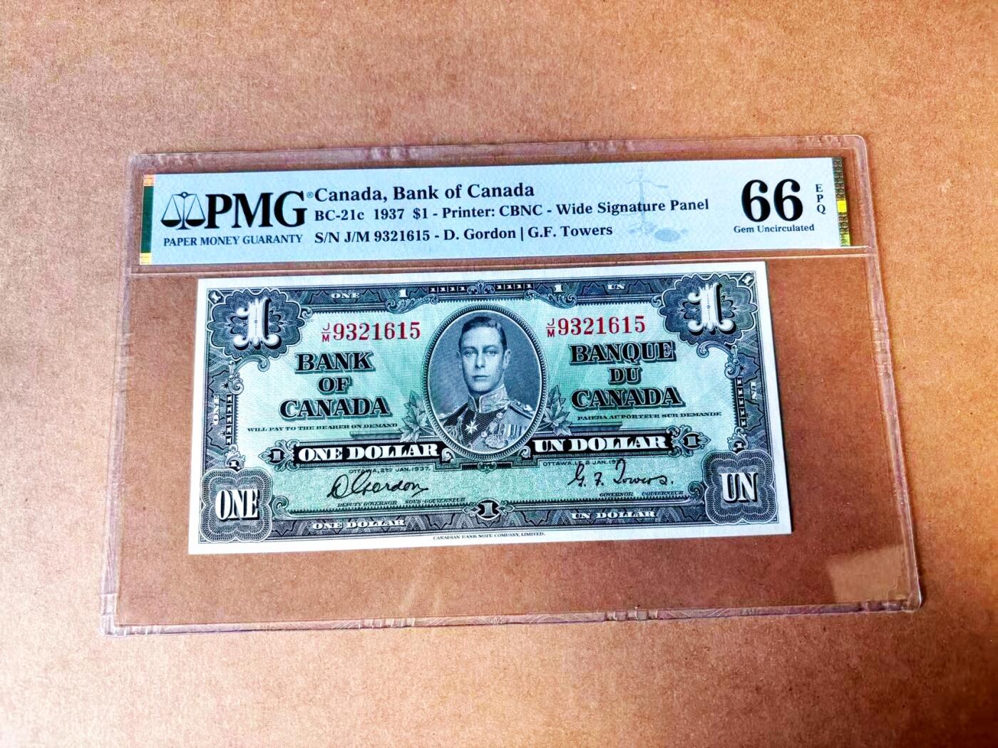 【Blue Auction】世界纸币精拍第765期——18级TOP拍卖/信誉/品质/专业/高效💫 【无47】加拿大 1937年1元 PMG66EPQ 高分 英王乔六 丰收女神
