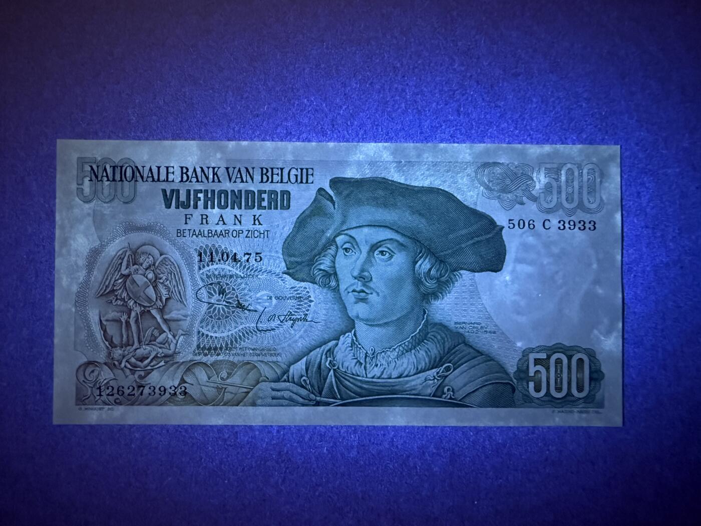 《艾美收藏》第225期-12.15周日外币精选场 比利时500法郎 UNC 1975年 比利时画家奥尔莱 局部荧光 无4