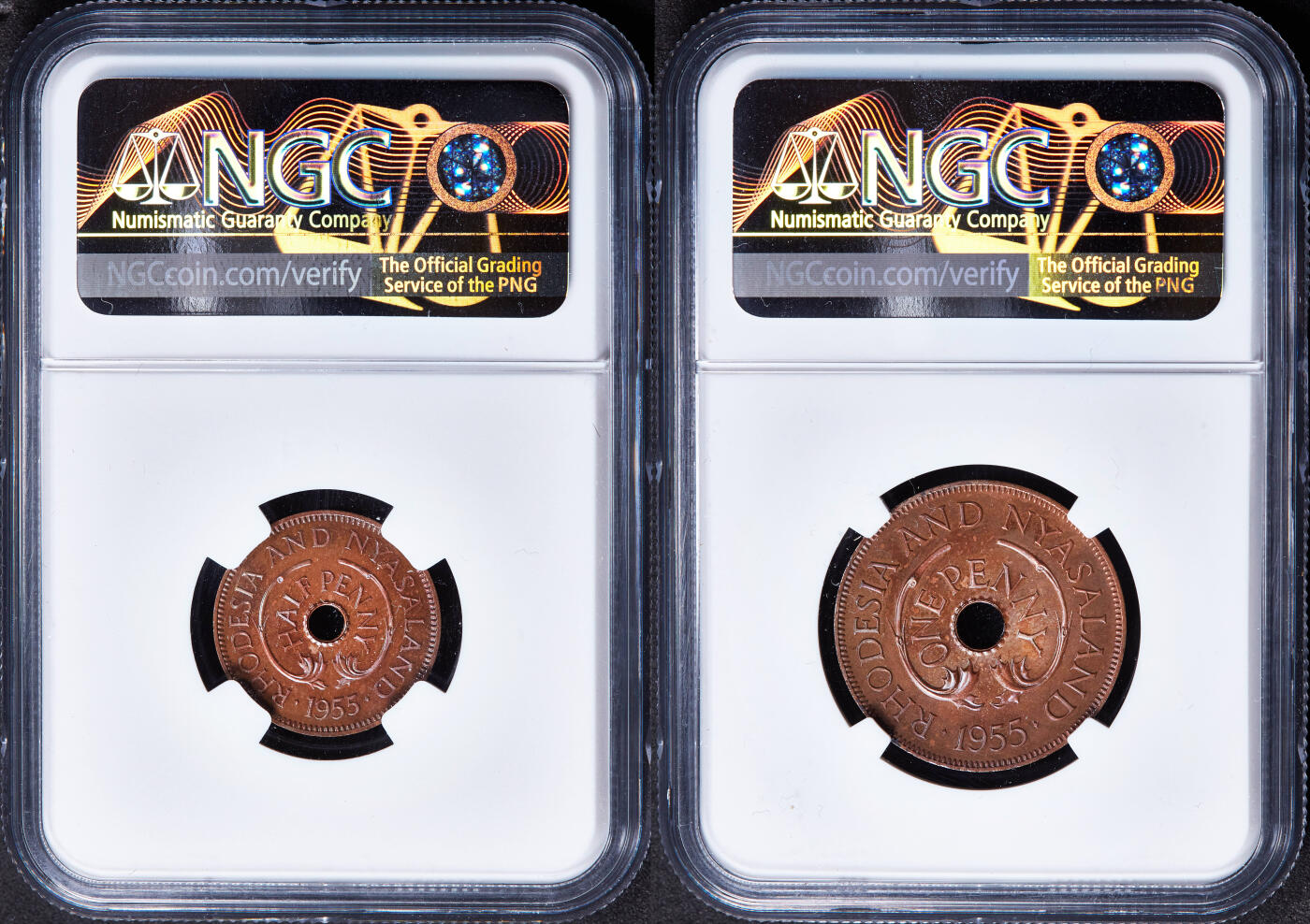 【俄甄集藏】2026年(046)01-07 星期三 晚 19:30 全场包邮 英属罗德西亚-尼亚萨兰1955年1/2便士-半克朗精制铜币、银币7枚大全套，NGC PF63-65，稀有品种，发行量只有2000套