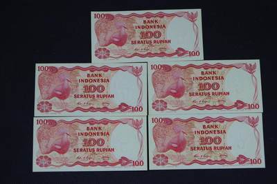 【淘币小摊】限时拍第八百三十四拍  纸币场  满百包邮可预留两周  周一统一发货  -  印尼100卢比纸币5张