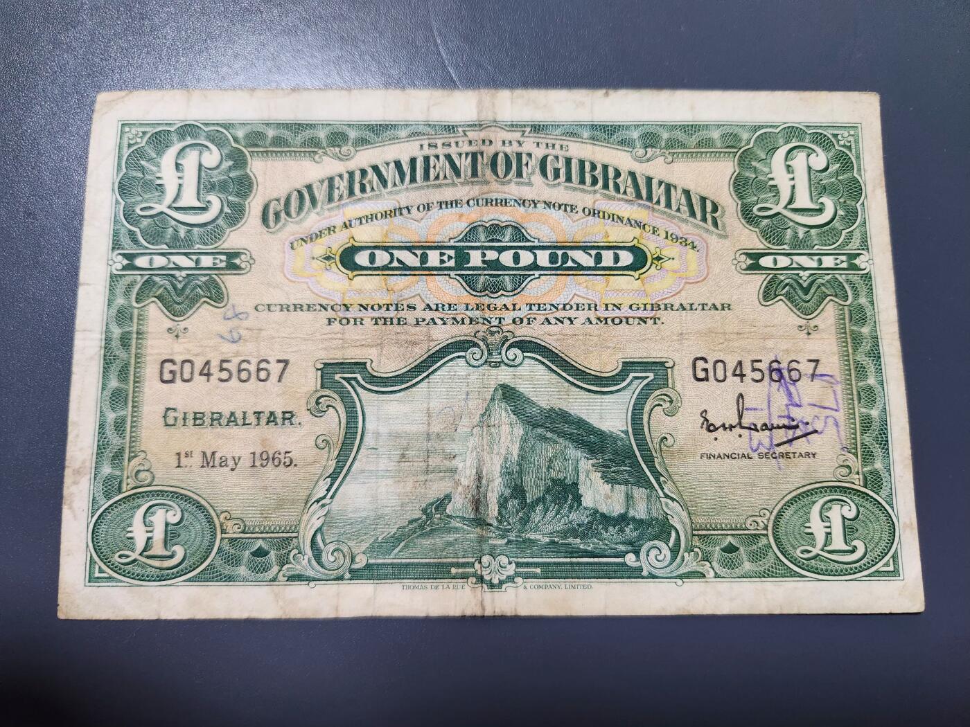 12月21号晚上8点 外国纸币自动截拍第75场 直布罗陀 纸币 1965年版 1镑 大票面  早期年份稀少