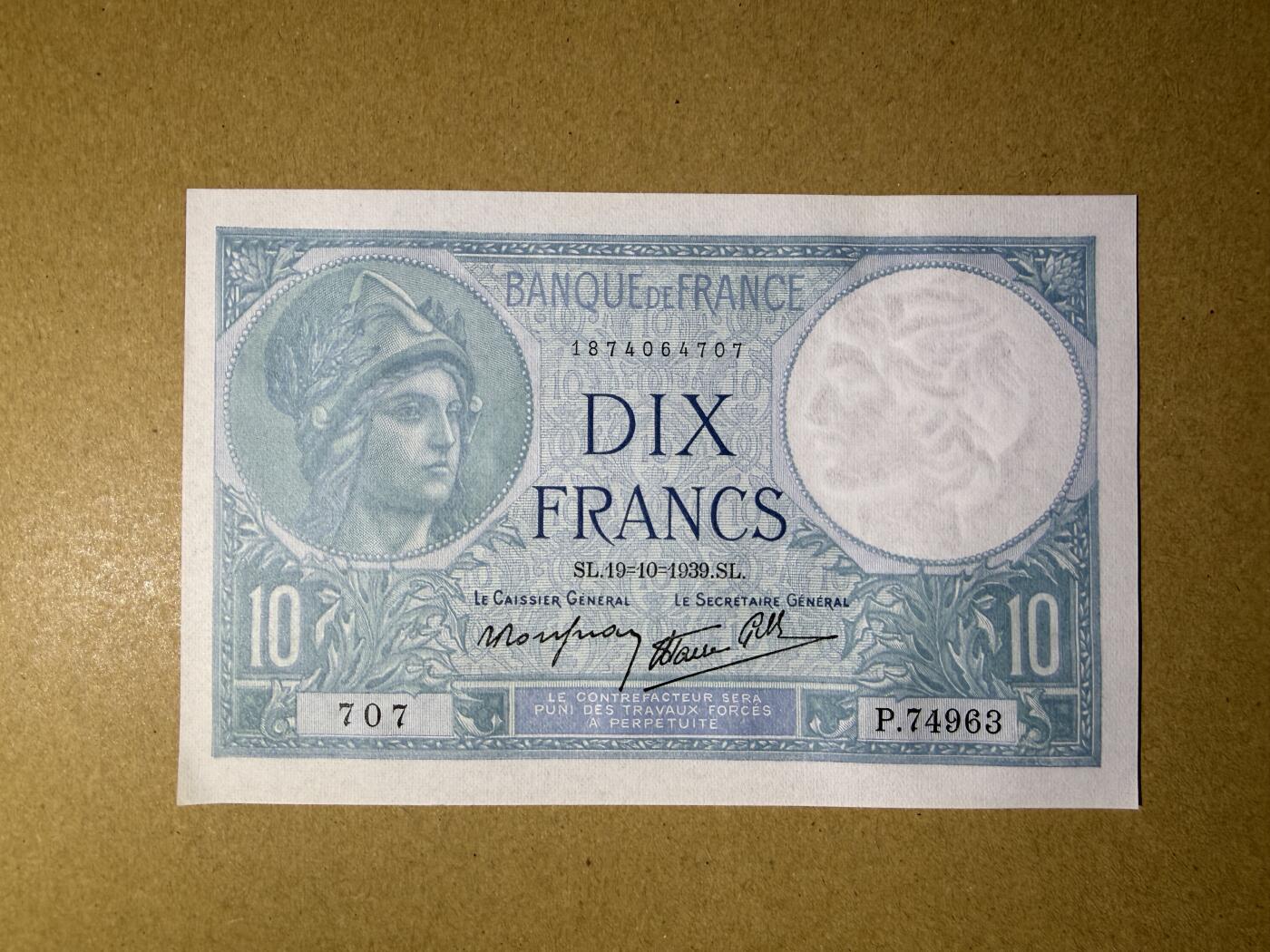 《艾美收藏》第225期-12.15周日外币精选场 法国10法郎 UNC 1939年 罗马神话中的智慧女神弥涅耳瓦