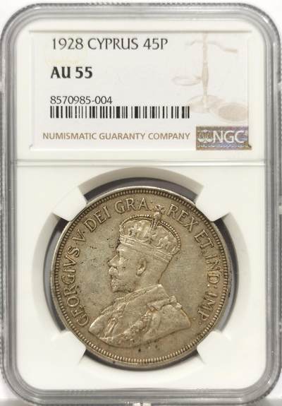 博洋堂世界钱币拍卖第153期（全场包邮） - NGC AU55 英属塞浦路斯1928年45皮阿斯特银币 潜力品种