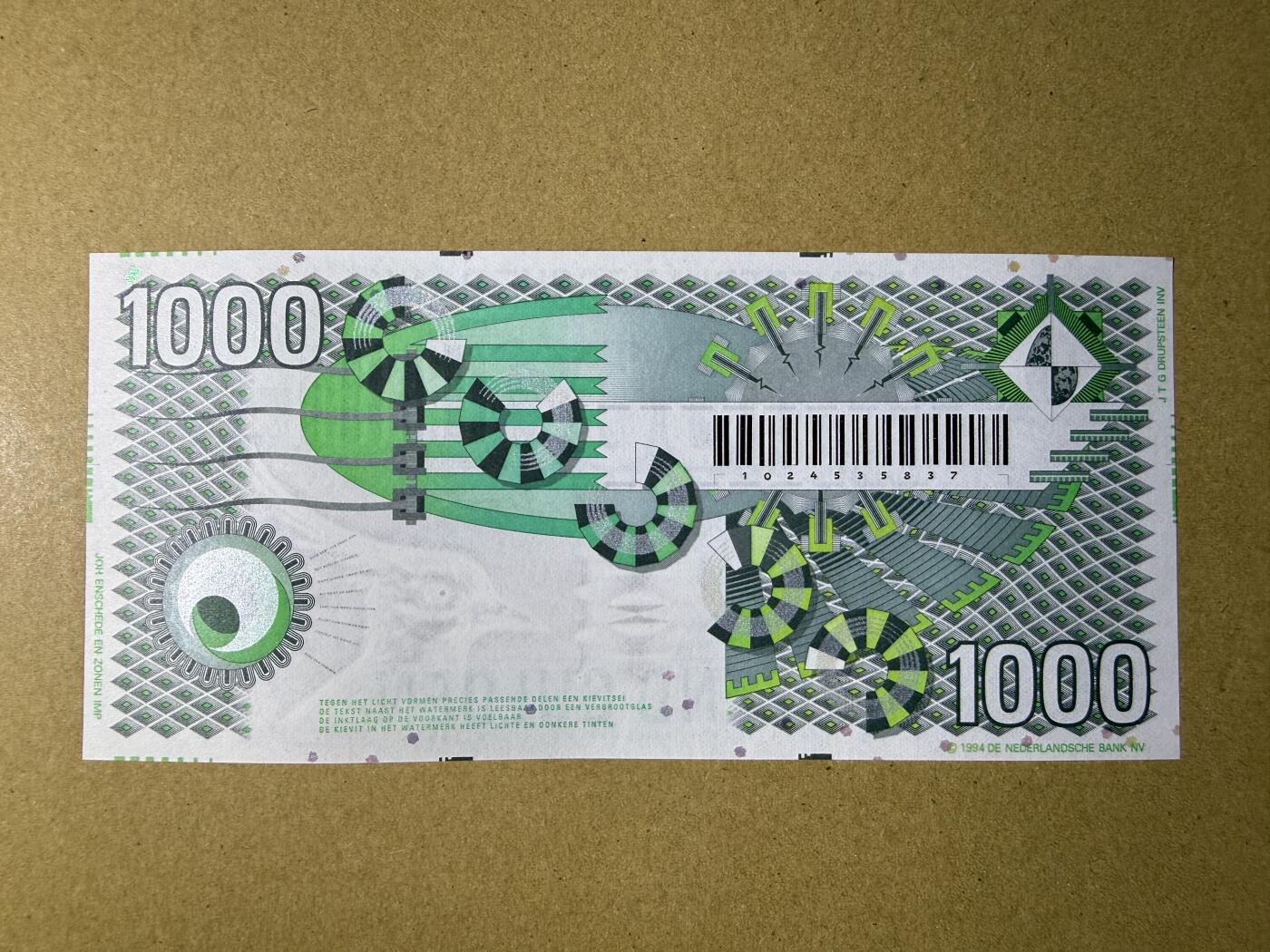 《艾美收藏》第225期-12.15周日外币精选场 荷兰1000盾 UNC 1994年 齿轮版 汇率人民币4000元