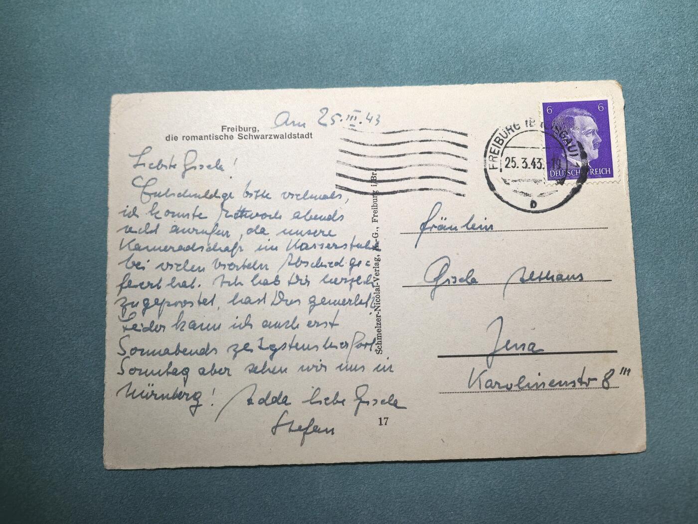 盛世勋华——号角文化勋章邮票专场拍卖第294期 德国（1939）1943年实寄明信片 弗莱堡上林登喷泉和施瓦本门 贴小胡子邮票