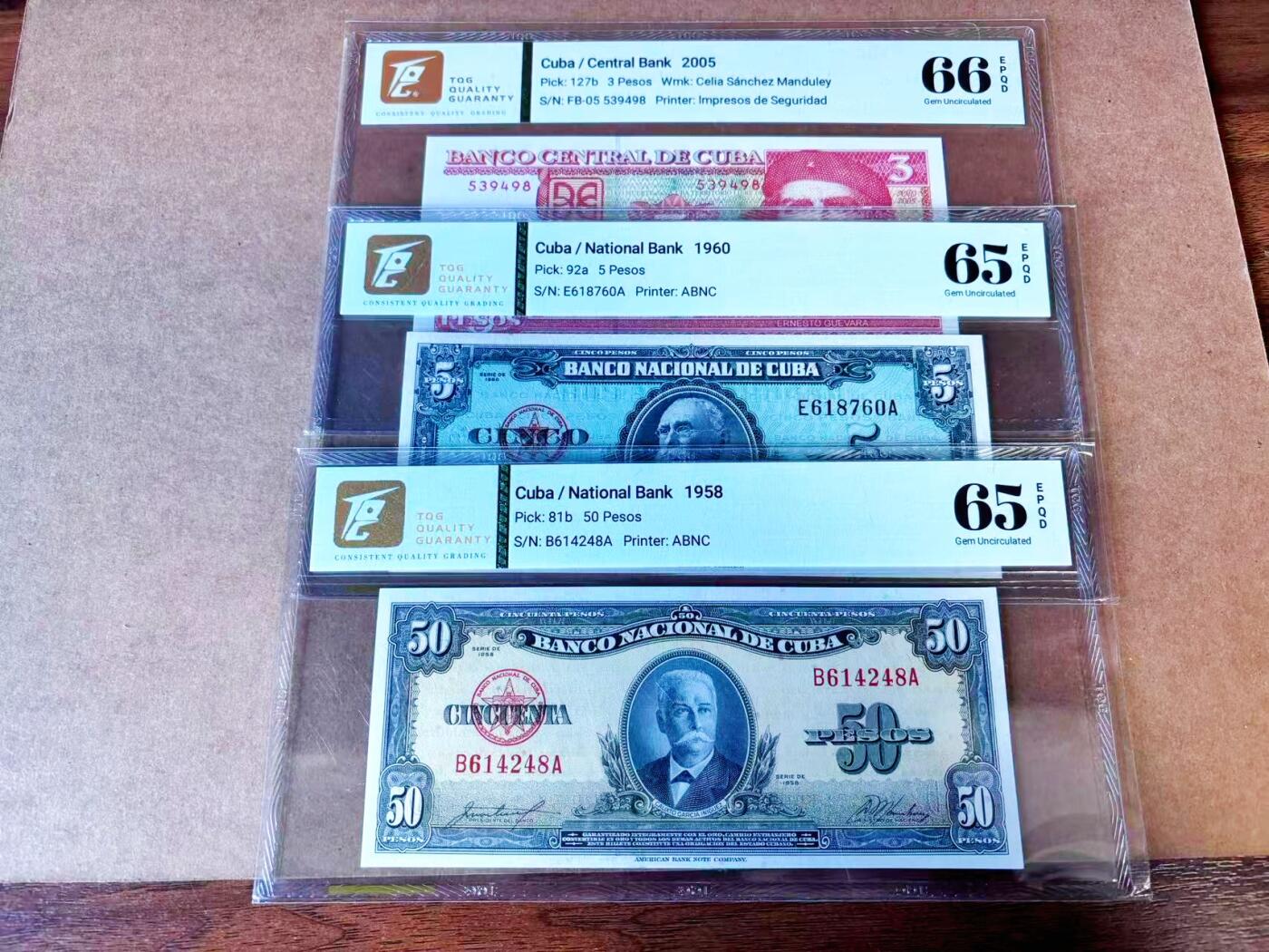 【Blue Auction】世界纸币精拍第765期——18级TOP拍卖/信誉/品质/专业/高效💫 【一组3张】古巴 1958-2005年3-50比索 TQG66EPQ-65EPQ