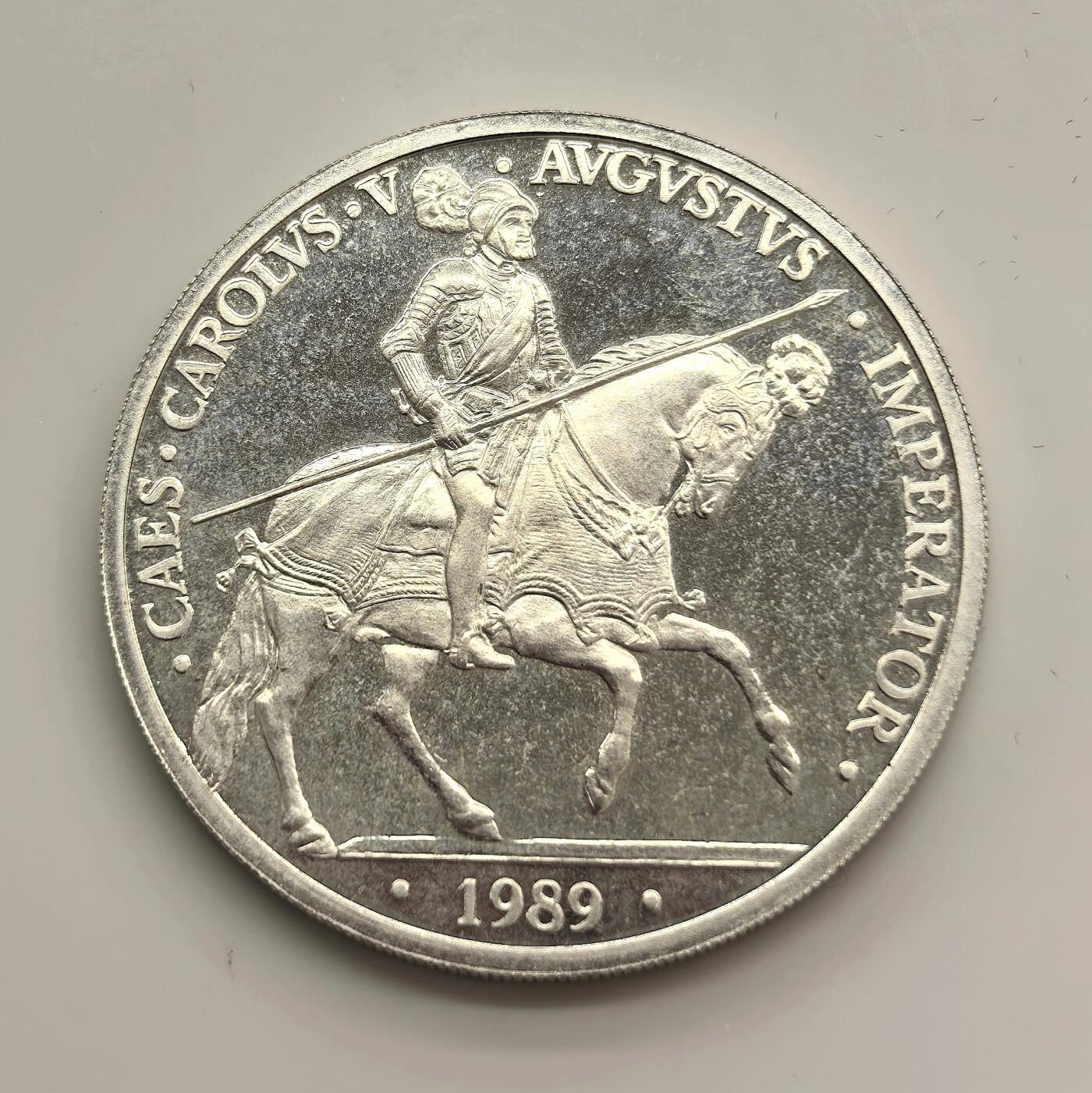 博洋堂世界钱币拍卖第153期（全场包邮） 西班牙1989年5ECU大银币，1盎司925银，带原木盒