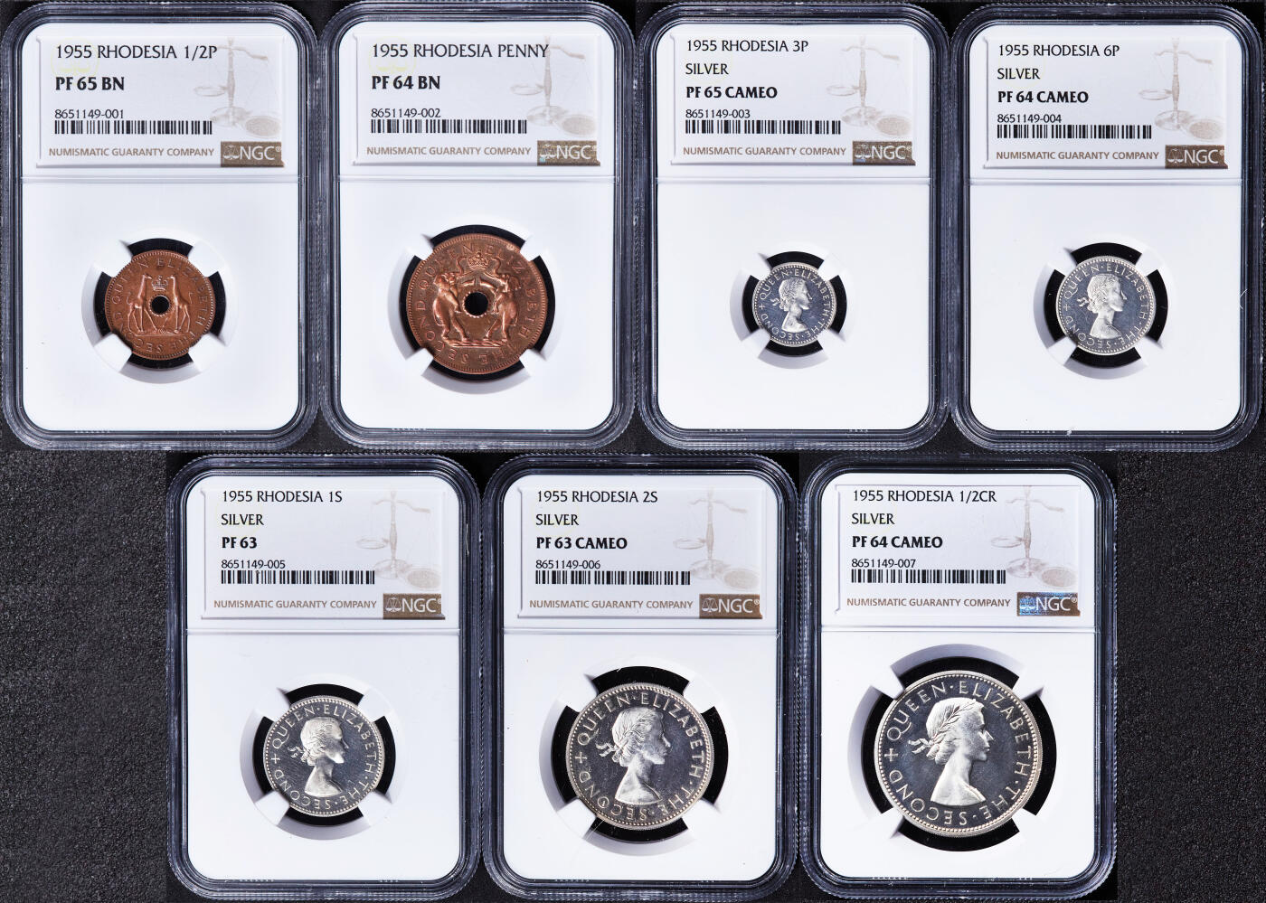 【俄甄集藏】2026年(046)01-07 星期三 晚 19:30 全场包邮 英属罗德西亚-尼亚萨兰1955年1/2便士-半克朗精制铜币、银币7枚大全套，NGC PF63-65，稀有品种，发行量只有2000套