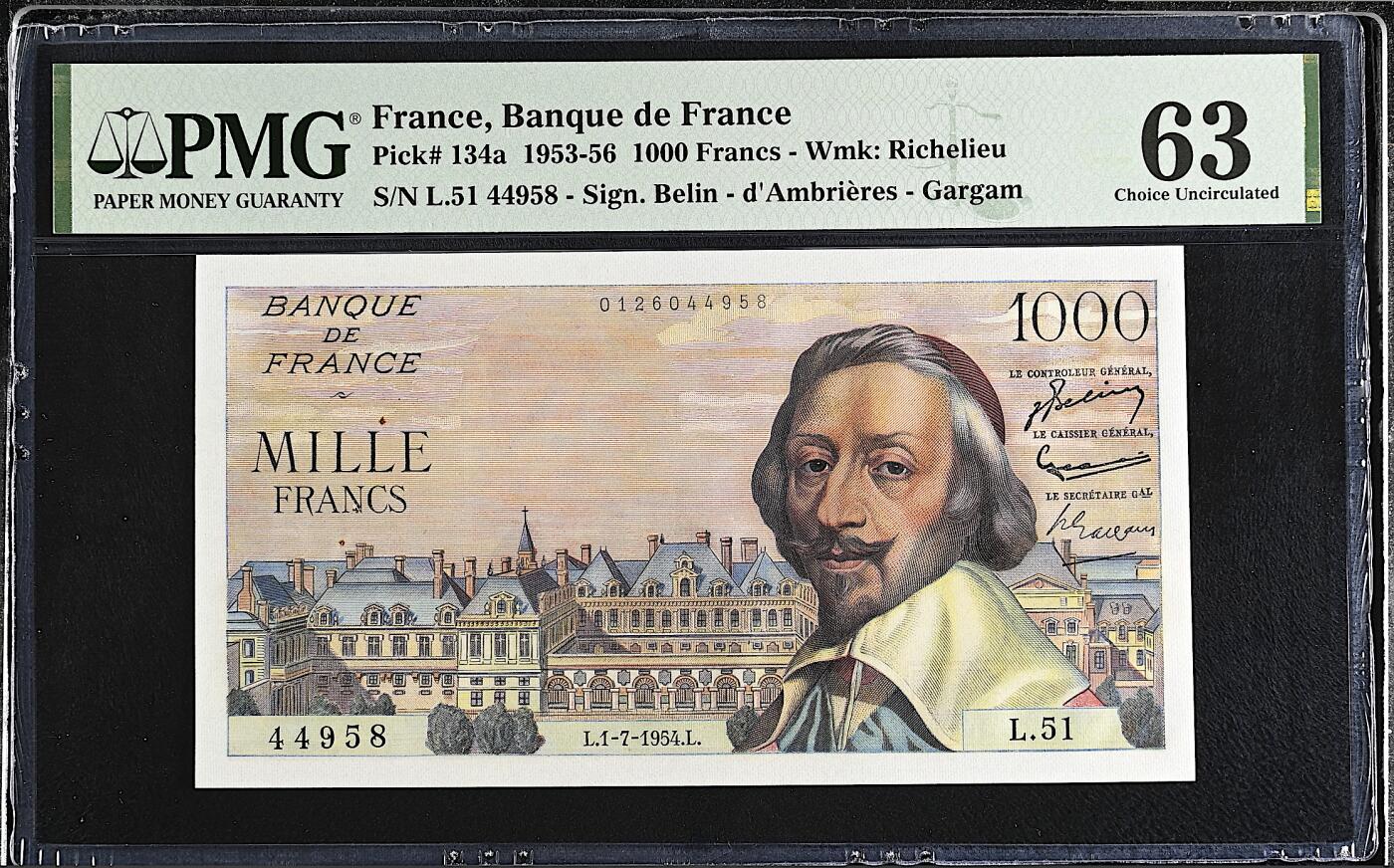 《艾美收藏》第225期-12.15周日外币精选场 法国1000法郎 PMG63 1954年 法国政治家黎塞留 改值前版本 原票 仅因为有针孔