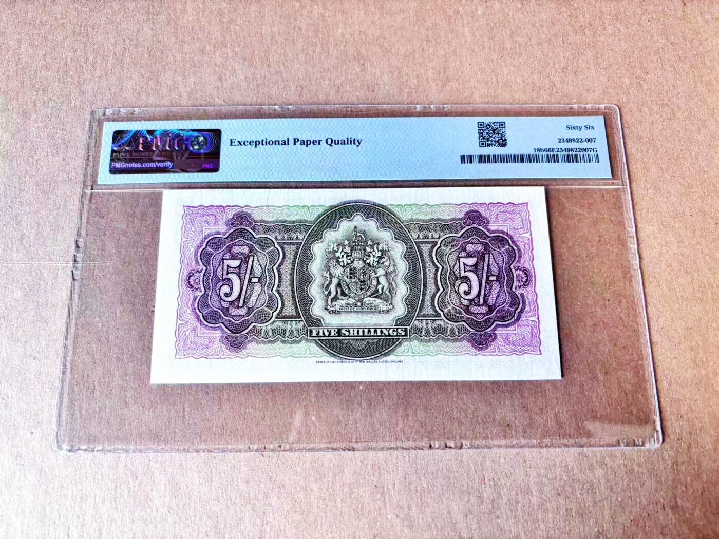 【Blue Auction】世界纸币精拍第765期——18级TOP拍卖/信誉/品质/专业/高效💫 【无47】百慕大 1957年5先令 BWC出品  满版水印 年轻女王侧面像 PMG66EPQ 