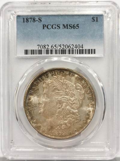 博洋堂世界钱币拍卖第153期（全场包邮） - PCGS MS65 美国1878年S版首年摩根大银币，包浆出众，麦稀奇所见最高分，卡槽上方有一小裂几乎无影响