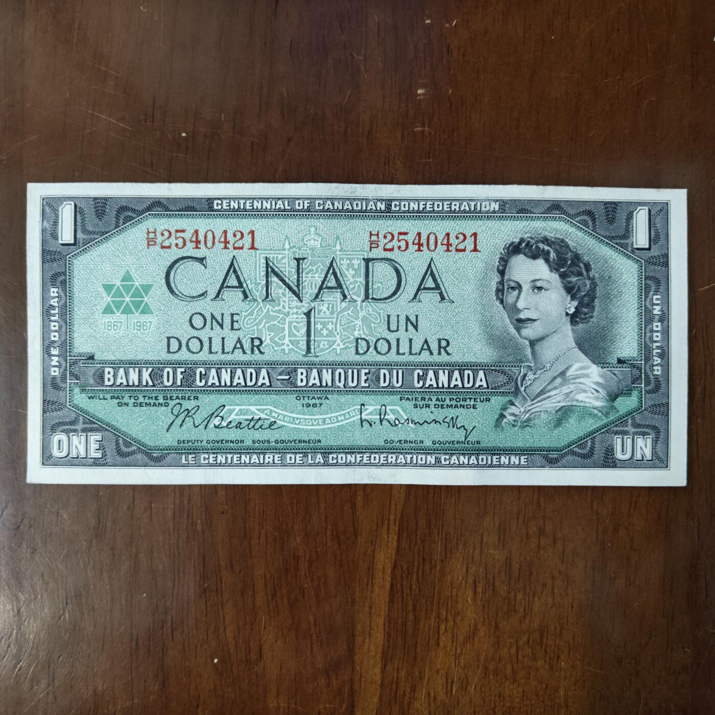加拿大1元 1967年 英女王纸币 美洲钱币 流通品原票原图片
