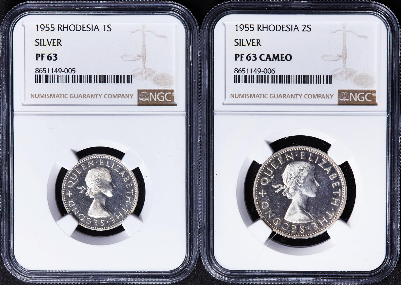 【俄甄集藏】2026年(046)01-07 星期三 晚 19:30 全场包邮 英属罗德西亚-尼亚萨兰1955年1/2便士-半克朗精制铜币、银币7枚大全套，NGC PF63-65，稀有品种，发行量只有2000套