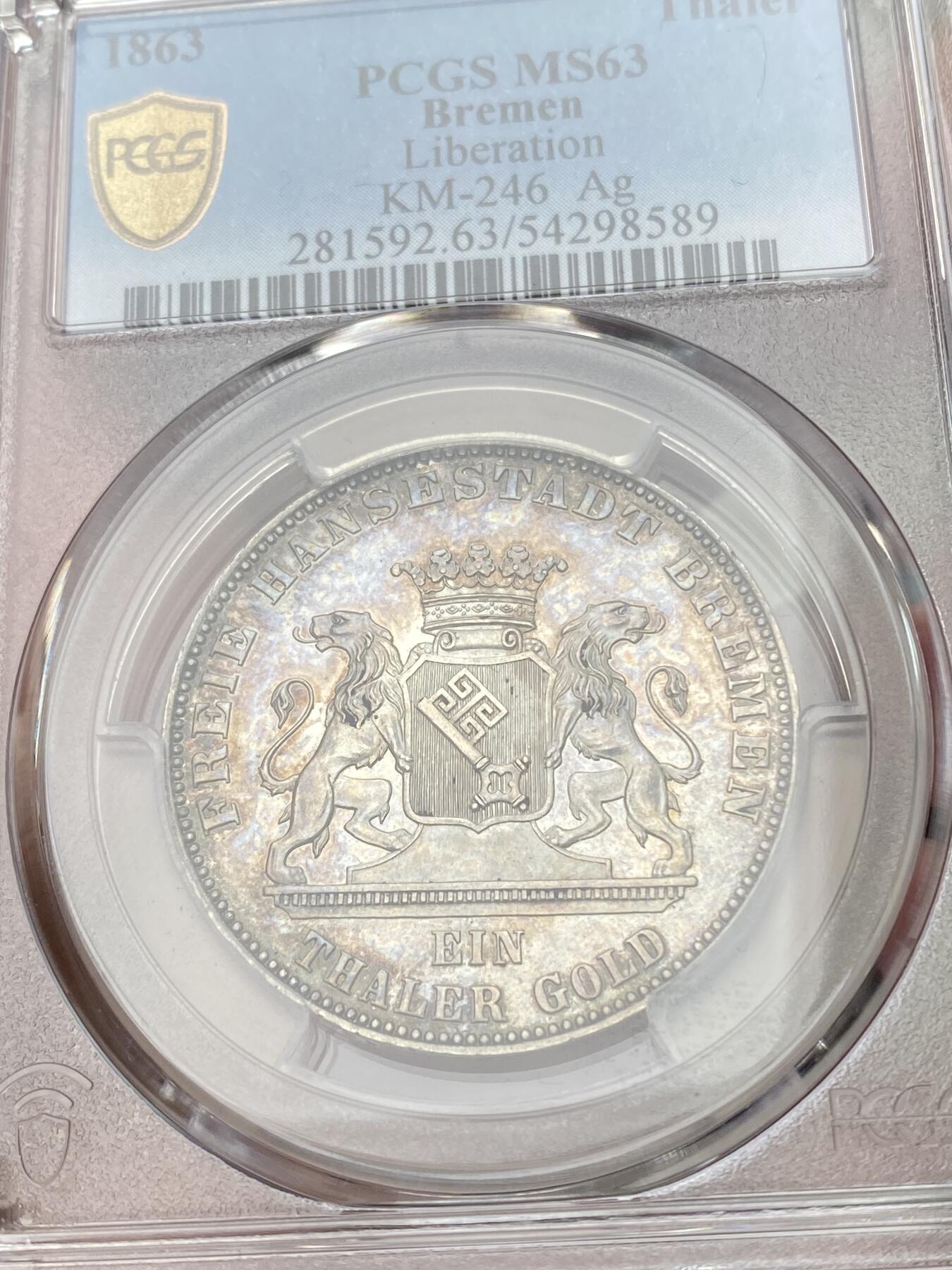 万国钱币拍卖第058期（万国新年大拍） PCGS MS63 1863年德国不莱梅解放五十周年纪念泰勒 不莱梅三款双狮联合泰勒中发行量最少的一款 仅铸造2W枚且进入流通 好品难寻 五彩类镜面质感