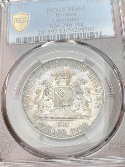 万国钱币拍卖第058期（万国新年大拍） PCGS MS63 1863年德国不莱梅解放五十周年纪念泰勒 不莱梅三款双狮联合泰勒中发行量最少的一款 仅铸造2W枚且进入流通 好品难寻 五彩类镜面质感