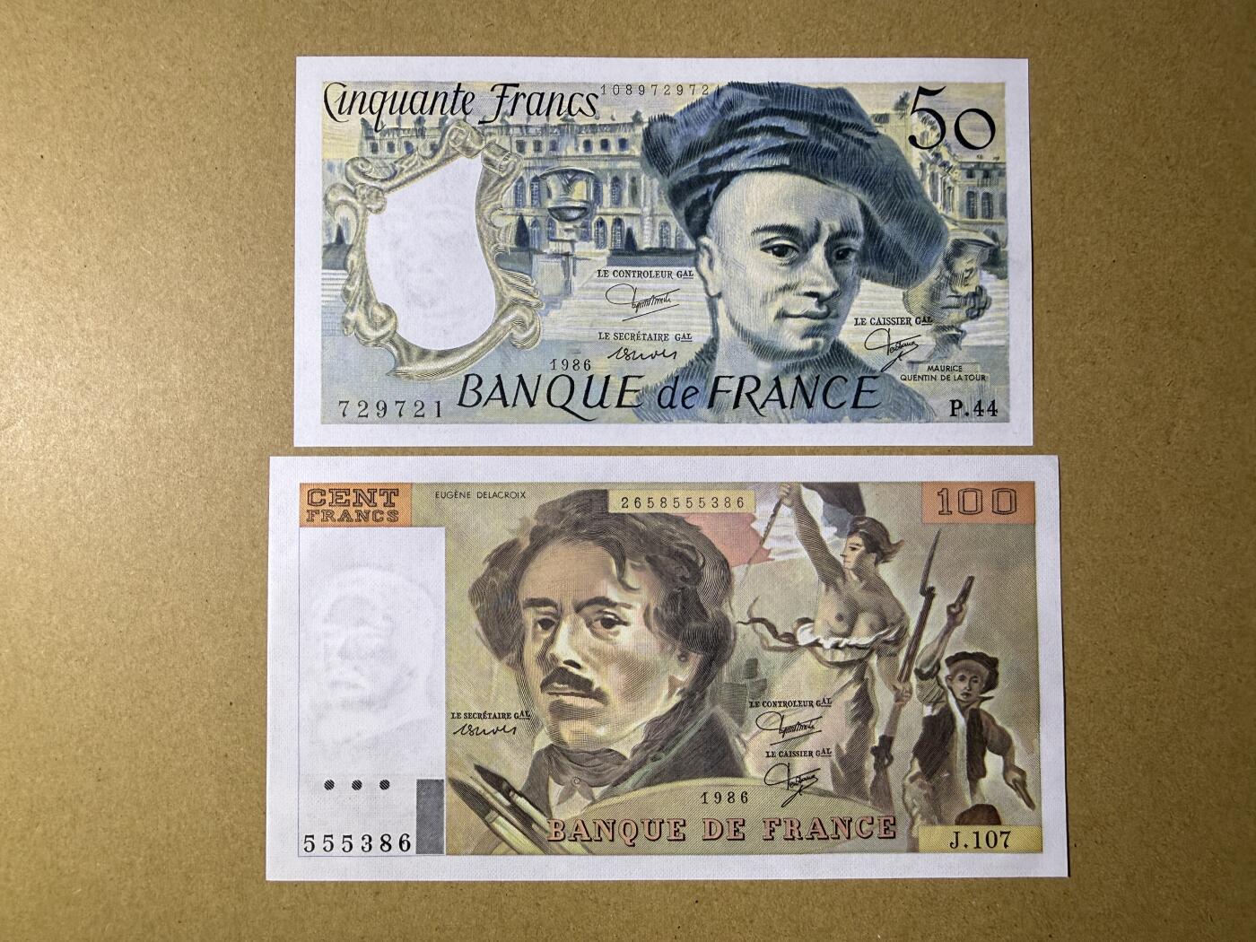 《艾美收藏》第225期-12.15周日外币精选场 法国50、100法郎2张 UNC 1986年 全程无4