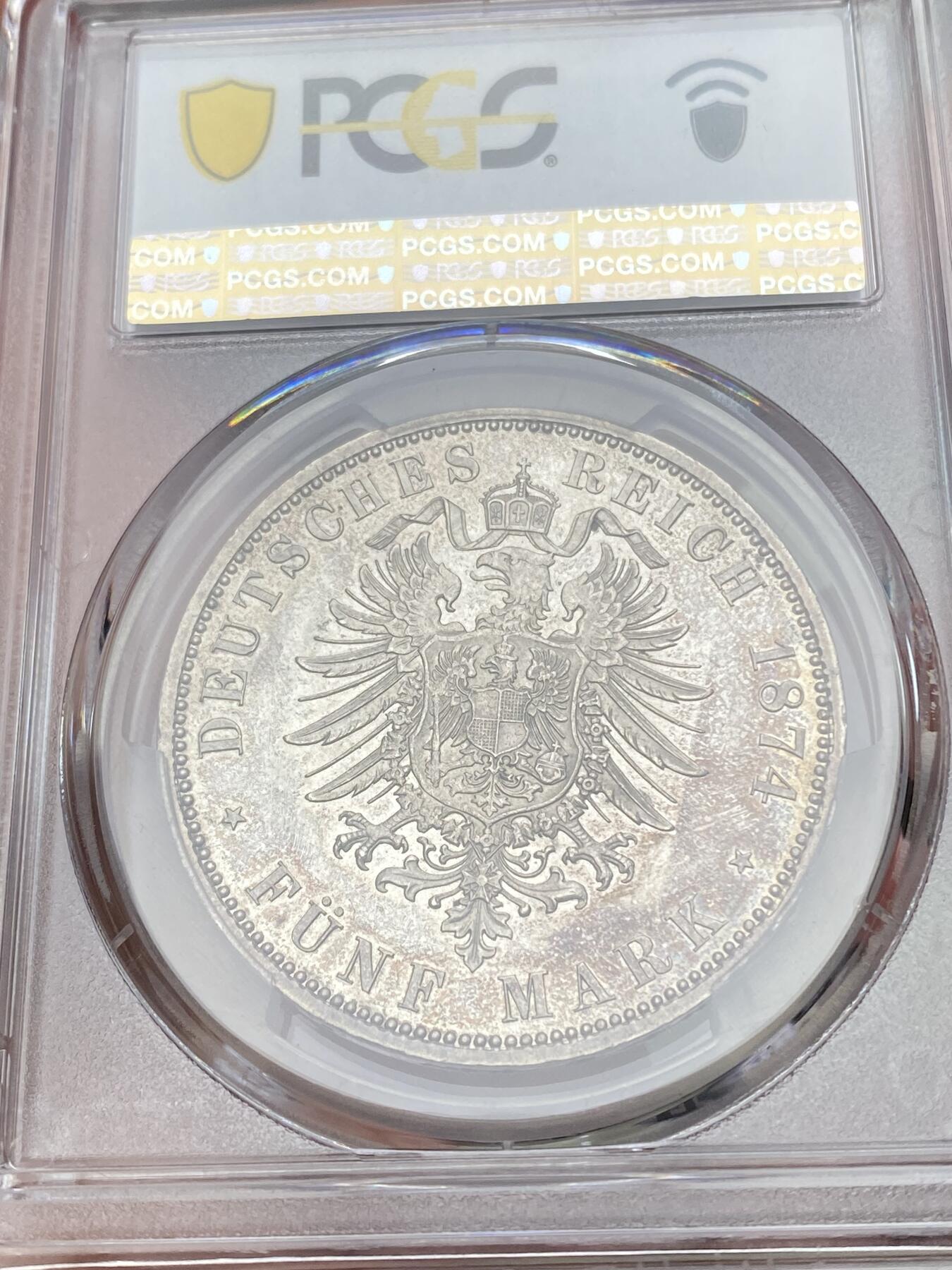 万国钱币拍卖第058期（万国新年大拍） PCGS MS62 1874年德国普鲁士威廉一世短翅流通5马克  威廉一世5马克开门年份 打制锋利 原味淡彩环绕