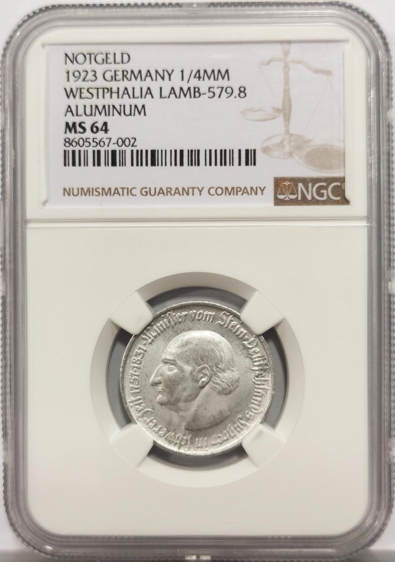 博洋堂世界钱币拍卖第153期（全场包邮） NGC MS64 德国德紧1923年威斯特法伦25万马克铝币，少见面值