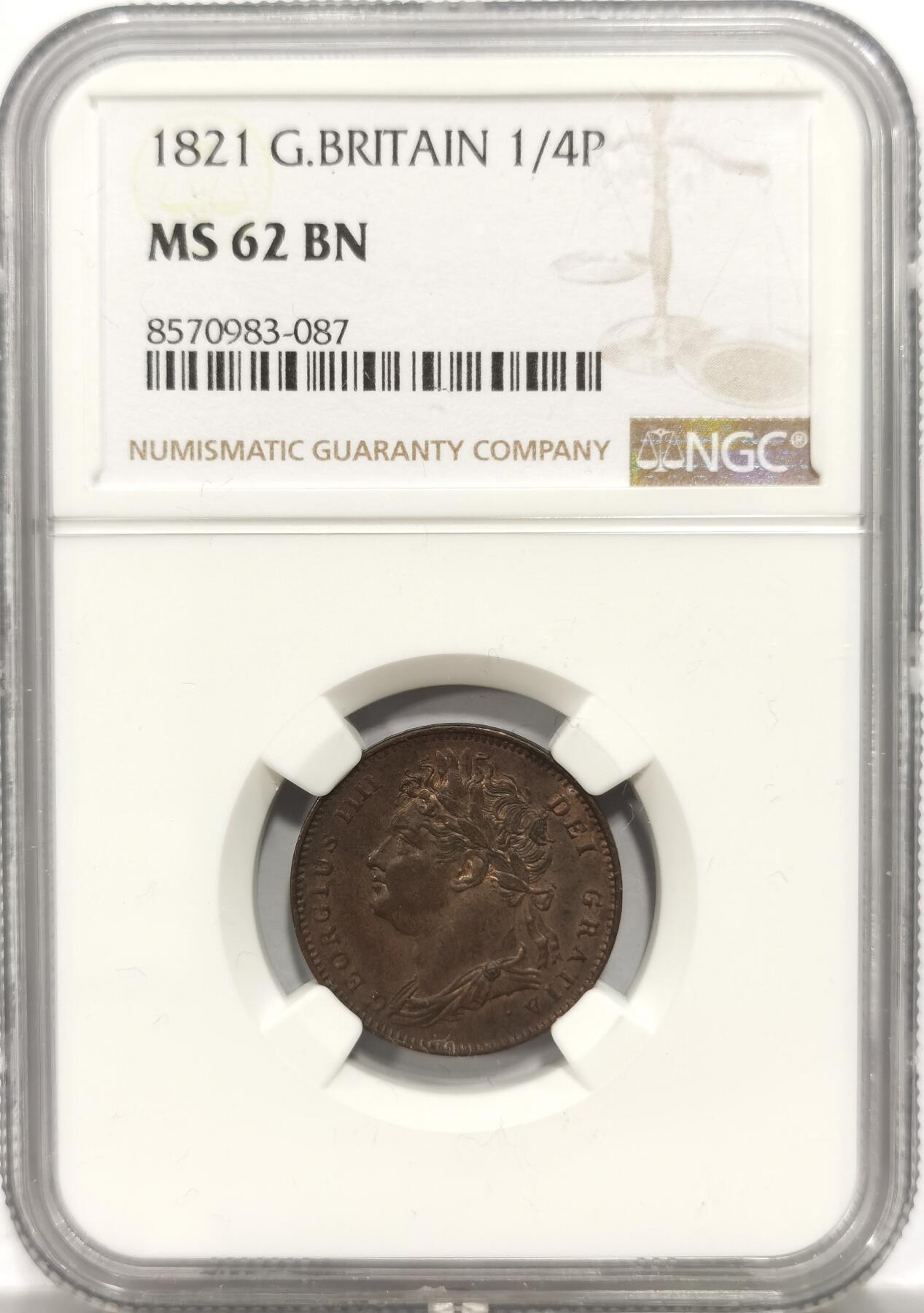 博洋堂世界钱币拍卖第153期（全场包邮） NGC MS62BN 英国1821年乔治四世1/4便士铜币
