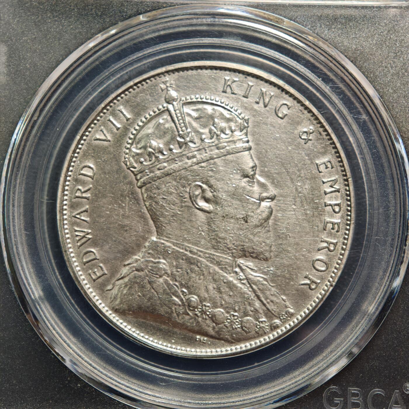 【德藏】世界币章拍卖第158期（拍品征集中~欢迎藏友联系） 1908年 英属海峡爱德华七世壹圆银币 公博 AU50