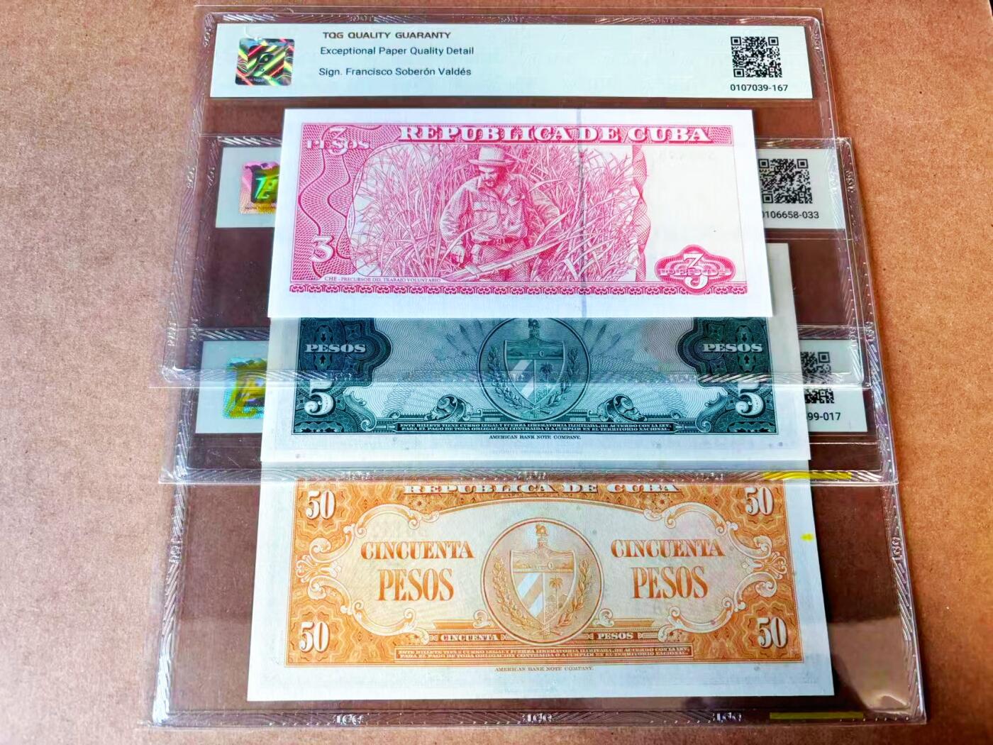 【Blue Auction】世界纸币精拍第765期——18级TOP拍卖/信誉/品质/专业/高效💫 【一组3张】古巴 1958-2005年3-50比索 TQG66EPQ-65EPQ