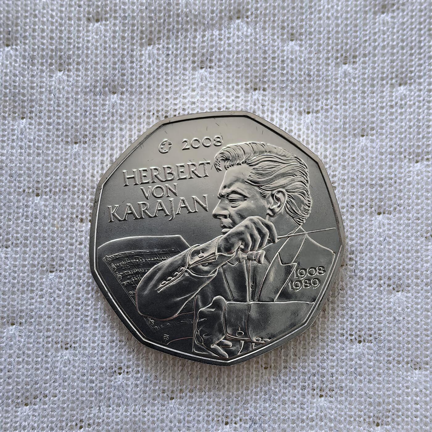 道一币馆币章第一百六十场 欧洲之星 奥地利2008年指挥家赫伯特·冯·卡拉扬诞辰百年5欧元银币  10g 800S 