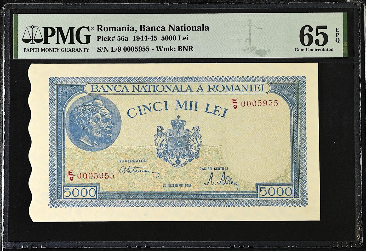 《艾美收藏》第225期-12.15周日外币精选场 罗马尼亚5000列伊 PMG65E 1945年 千位小号 无47双尾