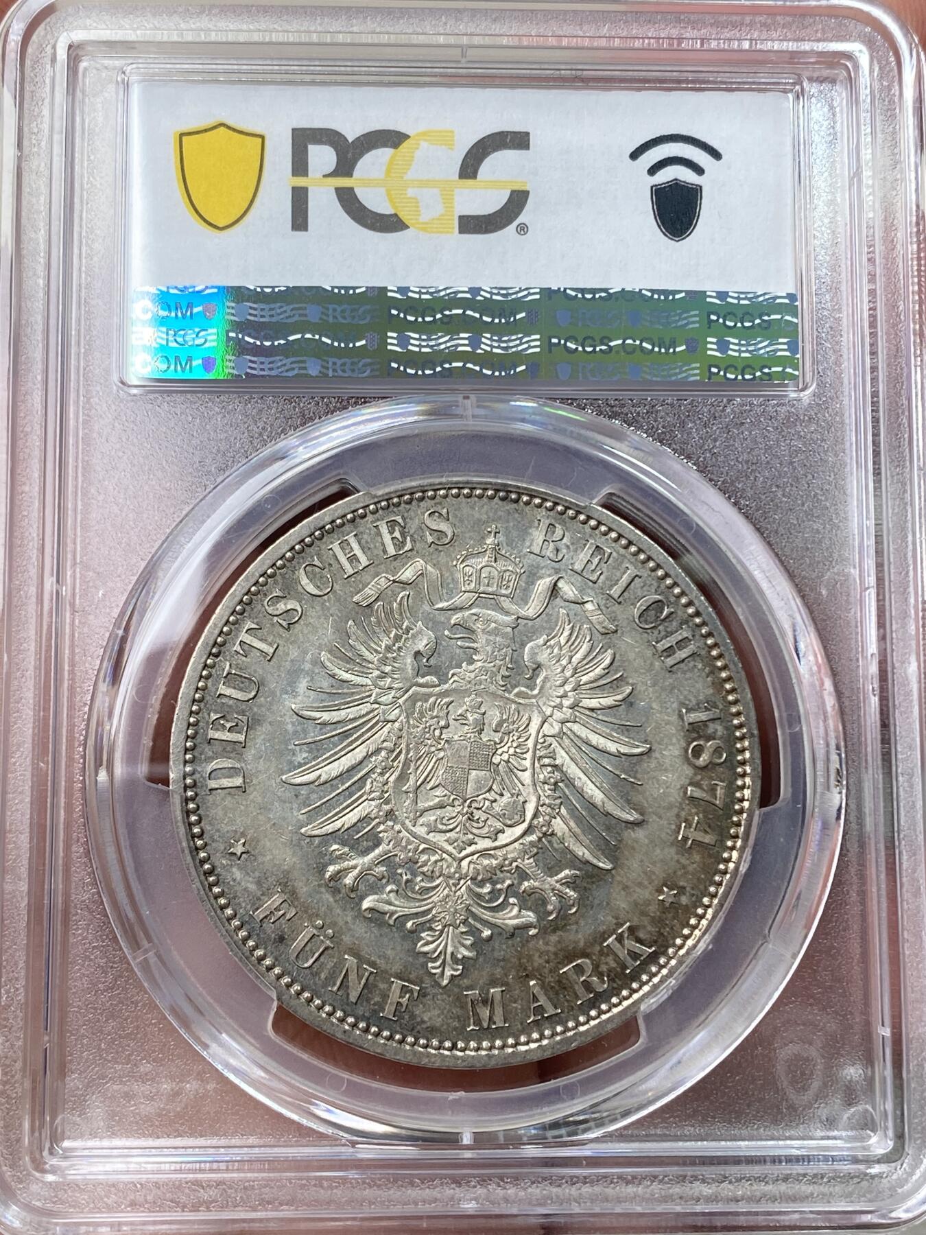 万国钱币拍卖第058期（万国新年大拍） PCGS MS62 1874年德国普鲁士威廉一世短翅流通5马克  威廉一世5马克开门年份 打制锋利 原味淡彩环绕