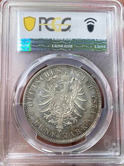 万国钱币拍卖第058期（万国新年大拍） PCGS MS62 1874年德国普鲁士威廉一世短翅流通5马克  威廉一世5马克开门年份 打制锋利 原味淡彩环绕