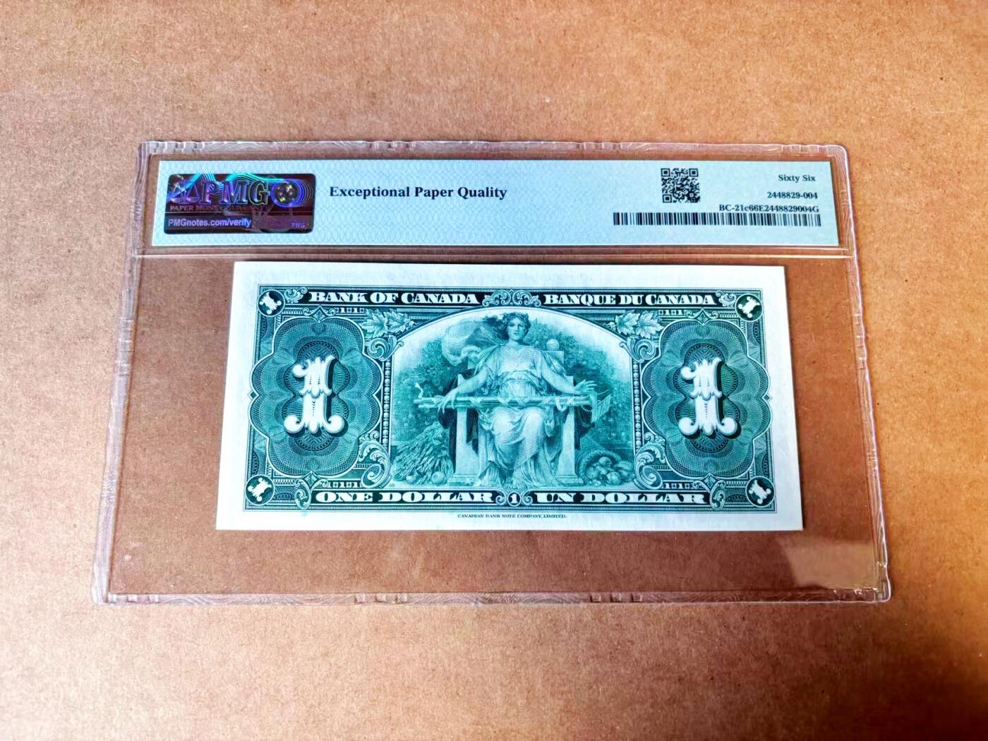 【Blue Auction】世界纸币精拍第765期——18级TOP拍卖/信誉/品质/专业/高效💫 【无47】加拿大 1937年1元 PMG66EPQ 高分 英王乔六 丰收女神