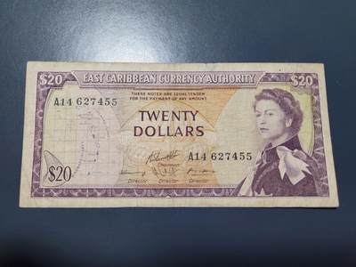 12月20号晚上8点 外国纸币自动截拍第74场 - 英属东加勒比1965年20元 1965年 通用券 稀少