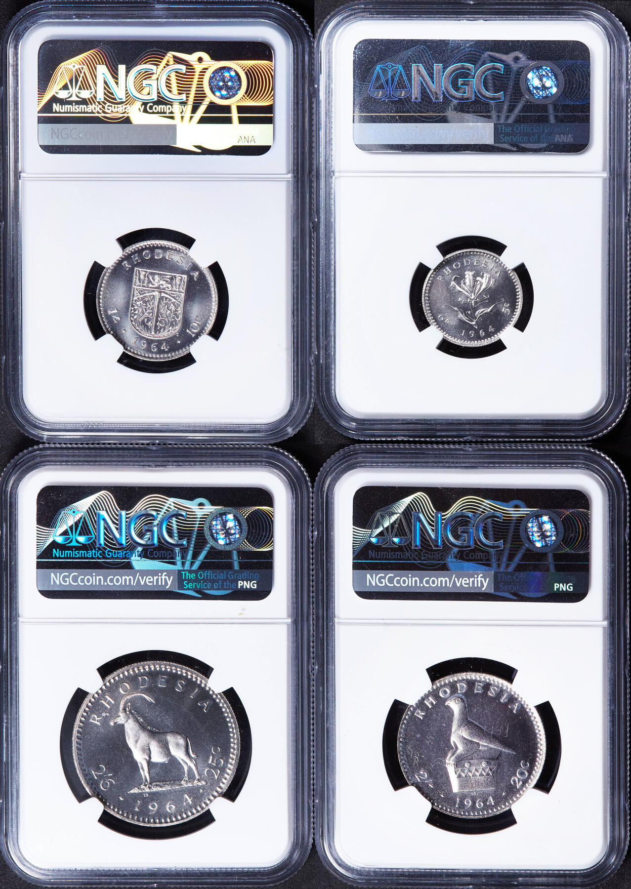 【俄甄集藏】2026年(046)01-07 星期三 晚 19:30 全场包邮 英属罗德西亚1964年6便士、1先令、2先令、2.5先令精制硬币4枚一套，NGC PF66-67，稀少品种，发行量只有2060套
