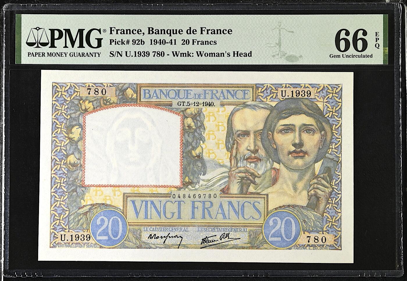 《艾美收藏》第225期-12.15周日外币精选场 法国20法郎 PMG66E 1940年 稀少版本