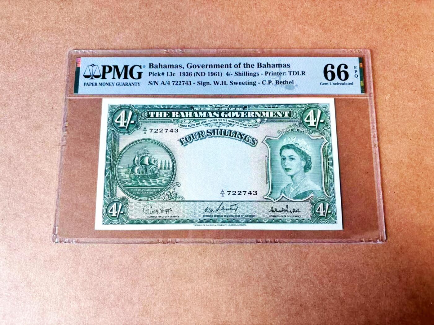 【Blue Auction】世界纸币精拍第765期——18级TOP拍卖/信誉/品质/专业/高效💫 【p13c 少见年份 远少于常见常拍的p13d 亚军分】巴哈马 1961年4先令 大冠女王 PMG66EPQ 