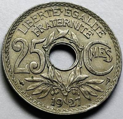 文馨钱币收藏第 286 场，圣诞节专场【 长期接收代拍品低至 0 佣金】 - 好品 1927 年法兰西第三共和国 第四版本 25 分