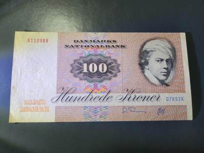 12月20号晚上8点 外国纸币自动截拍第74场 - 丹麦 1972年/1986年 100克朗 近新有点黄