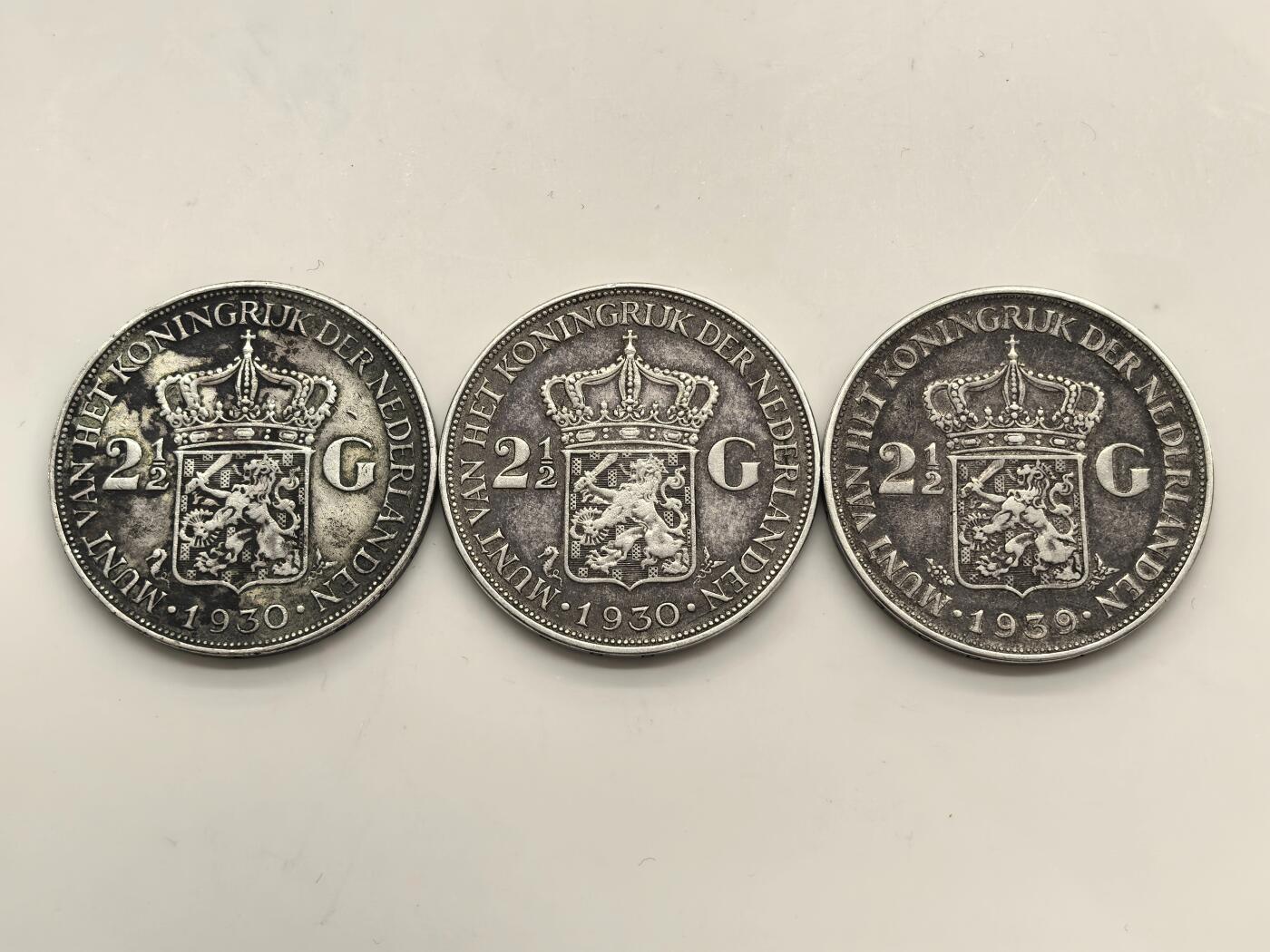 博洋堂世界钱币拍卖第153期（全场包邮） 荷兰1930/39年威廉明娜女王2.5盾银币一组3枚