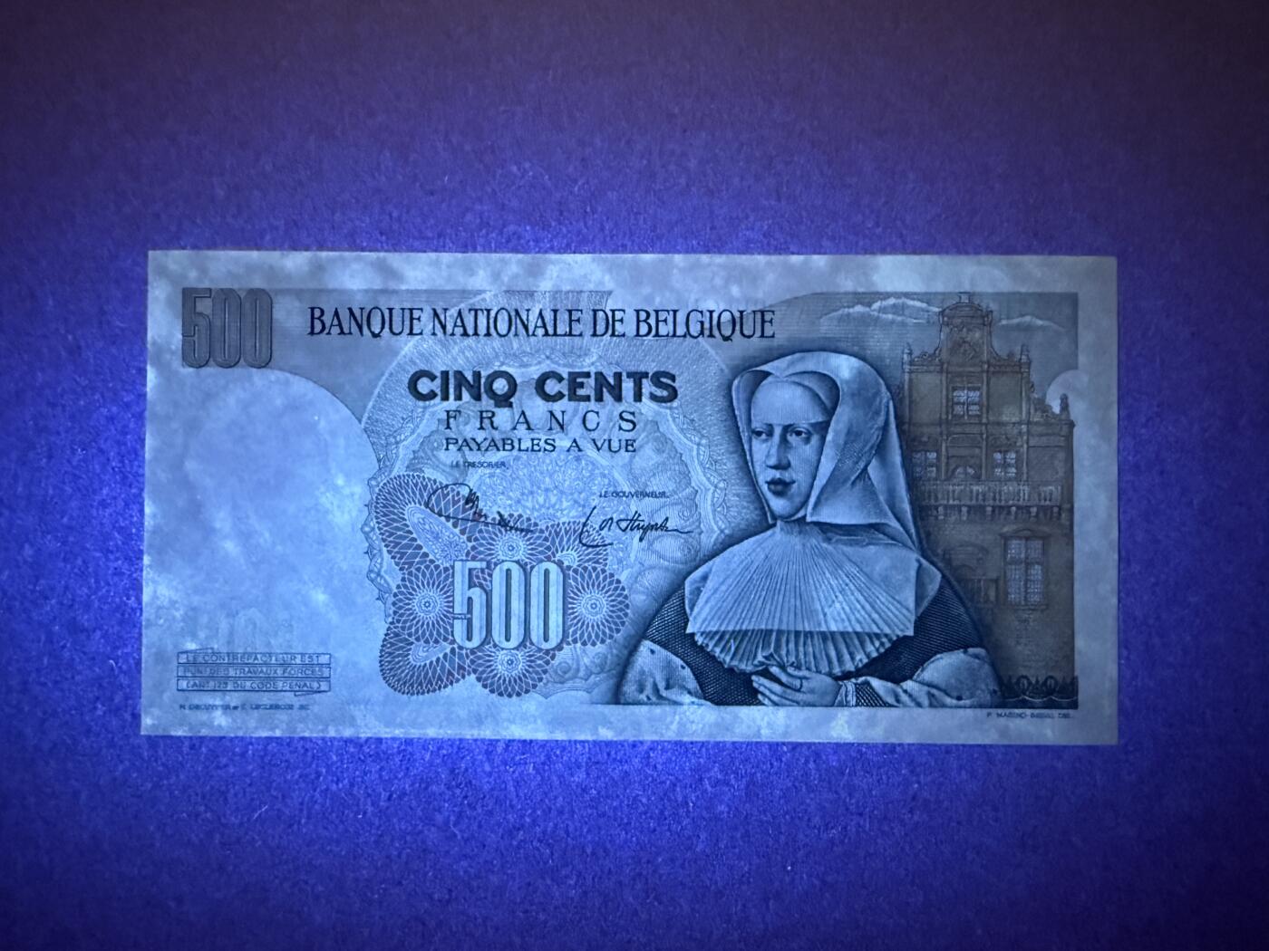 《艾美收藏》第225期-12.15周日外币精选场 比利时500法郎 UNC 1975年 比利时画家奥尔莱 局部荧光 无4