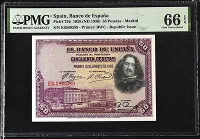 《艾美收藏》第225期-12.15周日外币精选场 - 西班牙50比塞塔 PMG66E 1928年老版本 西班牙巴洛克式画家委拉斯贵兹 无347