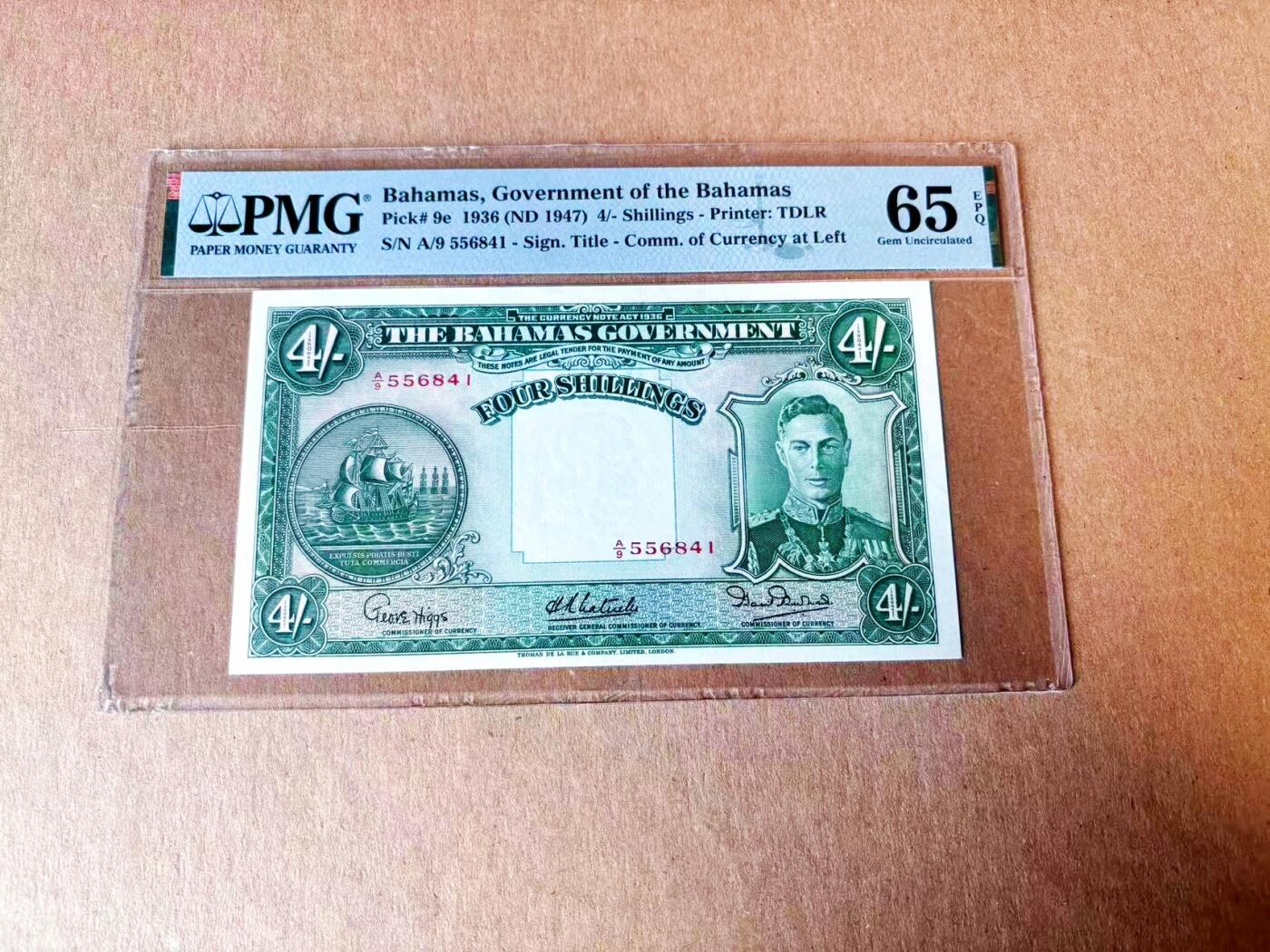 【Blue Auction】世界纸币精拍第765期——18级TOP拍卖/信誉/品质/专业/高效💫 【亚军分】巴哈马 1947年4先令 PMG65EPQ 绝品 英王乔六