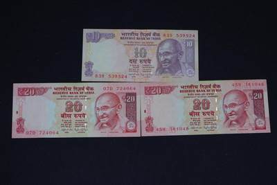 【淘币小摊】限时拍第八百三十四拍  纸币场  满百包邮可预留两周  周一统一发货  -  印度10-20卢比纸币3张【有折】